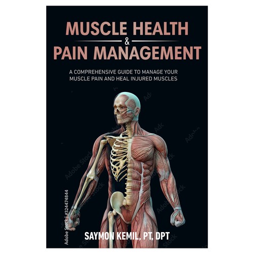 Book cover with a drawing images of the human anatomy combining muscles and bone structure. Design by Inspiremind