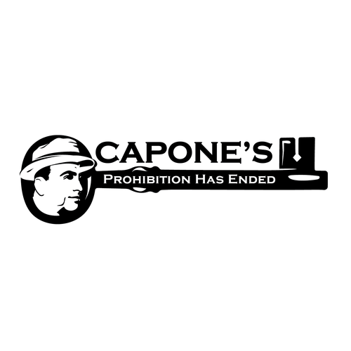 Design a prohibition style logo with a old key and al Capone face ( side view ) black and white Design by Ida11