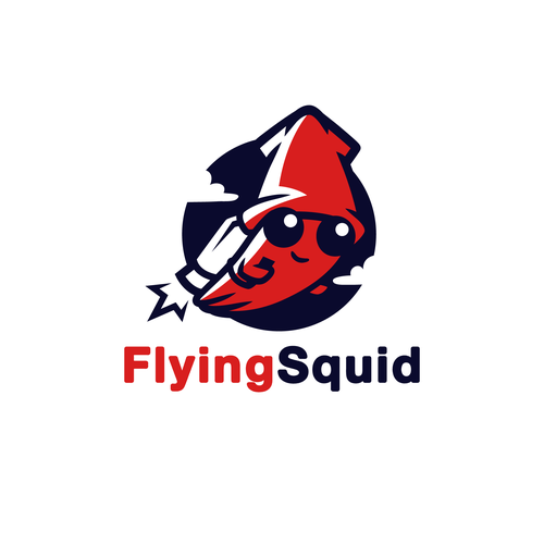 Logo of a squid wearing a jetpack for product named FlyingSquid Design by Rock N Draw