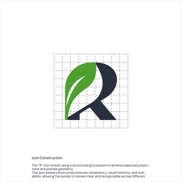 Modern energy logo featuring a stylized “R” with leaf and flame elements