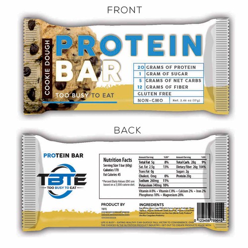 Design a unique protein bar wrapper for Too Busy To Eat Design by bow wow wow