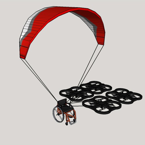 Make a printable 3d model of a paragliding wheelchair being pulled by quadcopters. Design by Ellington