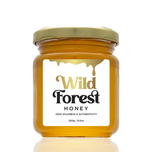 The Bees Need You! Wild Forest Honey Label Design. Design by Leila Amorim