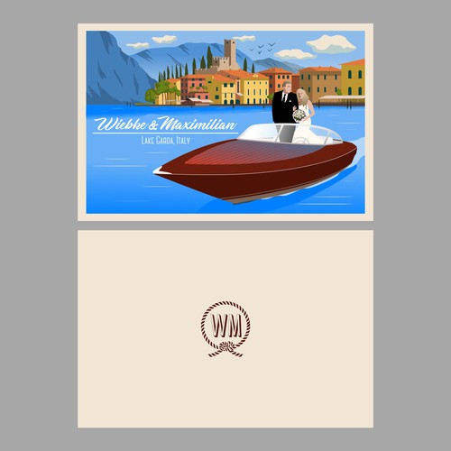 Stylish Colourful Vintage-Travel-Poster-Style German-Italian Wedding Invitation Card デザイン by Mr.SATUDIO