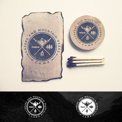 Create a vintage logo representing Creeks And Mountain Peaks Design by M E L O