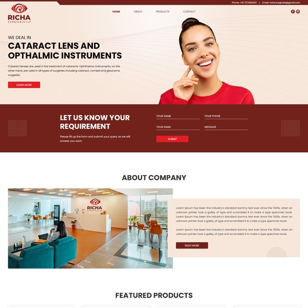 Clean Website design for Cataract Lens and Opthalmic instruments
