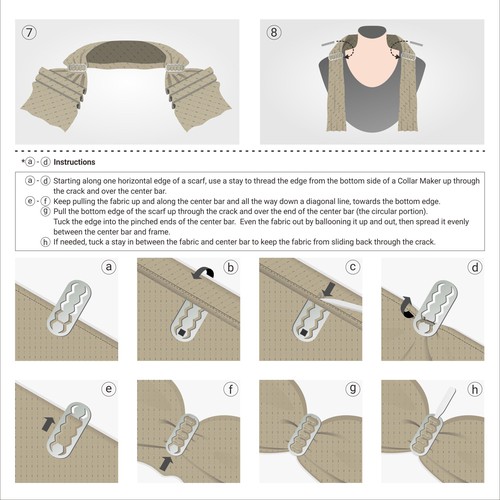 Design two similar infographics (for 2 web pages) for a new scarf shaping and securing tool. Design by kirana32