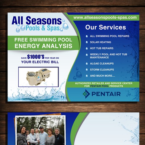 Postcard design for growing pool and hot tub company. All Seasons Pools