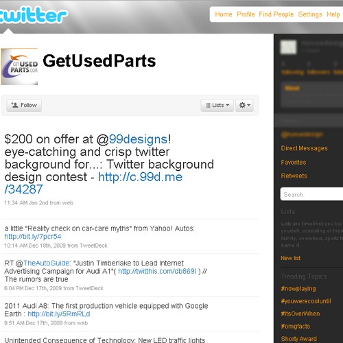 eye-catching and crisp twitter background for getusedparts.com Design by Will088