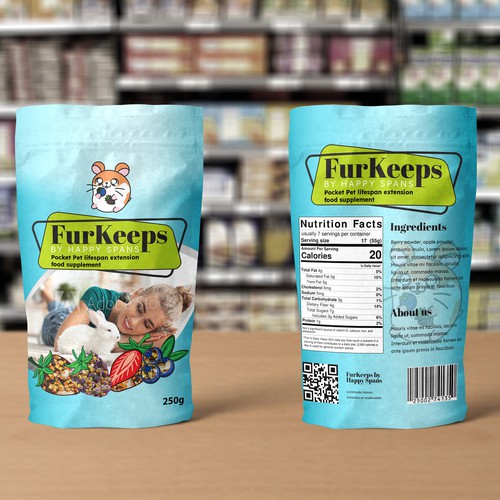 Create a fun Pocket Pet supplement label evoking a desire to maximize their lifespan. Design by Kasia Zwiech