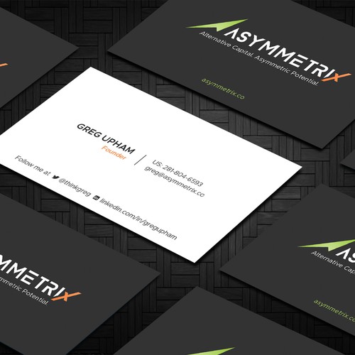 Design a cool, edgey but sophisticated business card for an alternative investment firm. Design von Taaiebah