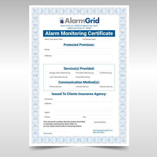 Alarm Monitoring Certificate PDF for Insurance Providers Stationery