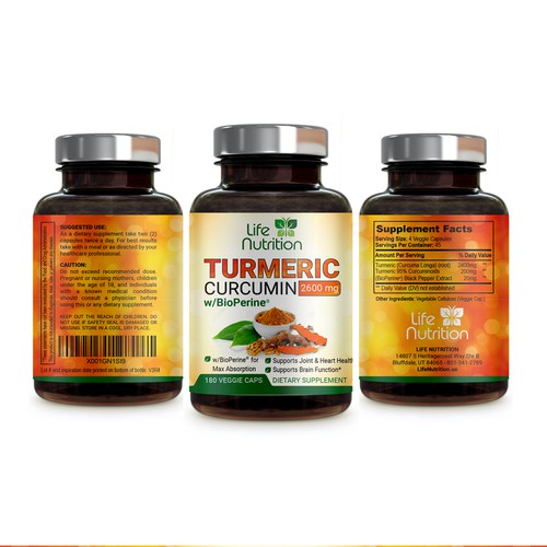 Life Nutrition needs a "beautiful label" for its Turmeric Extract bottle -  (Two (2) Winners will be awarded! ) Design by Pepeliashka