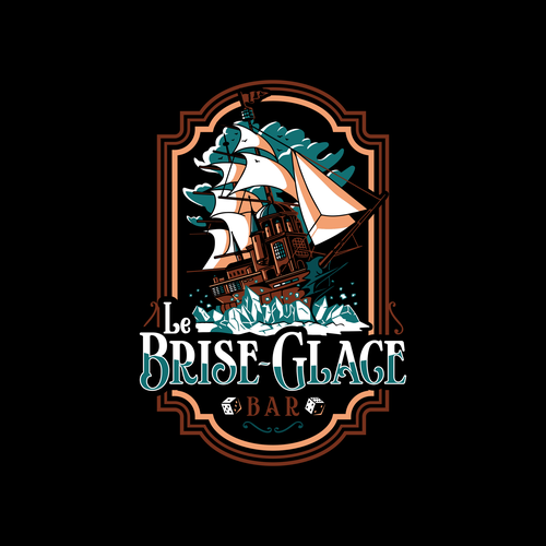 Board game bar logo with tavern design, inspired by vintage ice breaker boat atmosphere - official name is "Le Brise-gla Design réalisé par Ameline Studio