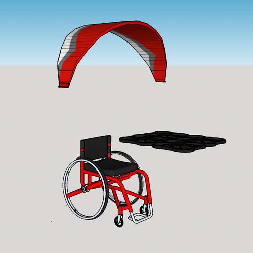 Make a printable 3d model of a paragliding wheelchair being pulled by quadcopters. Design by Ellington