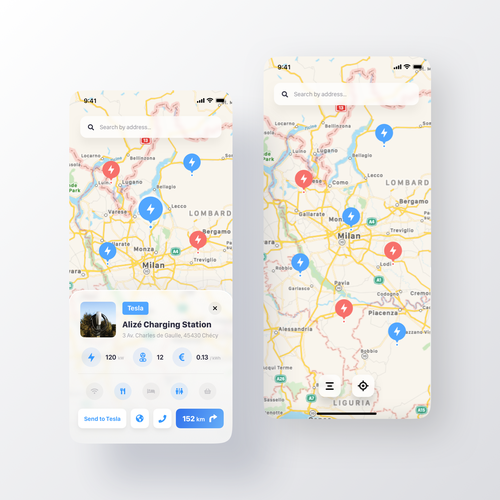 Tesla App to localise charging point on a map Design by Uladzis
