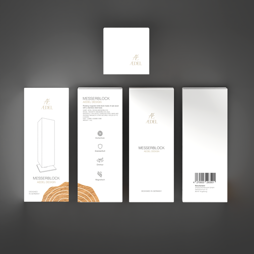 Design of an elegant product packaging for the first product of a new brand. Rotating knife block Design by Ahmed.elroumi