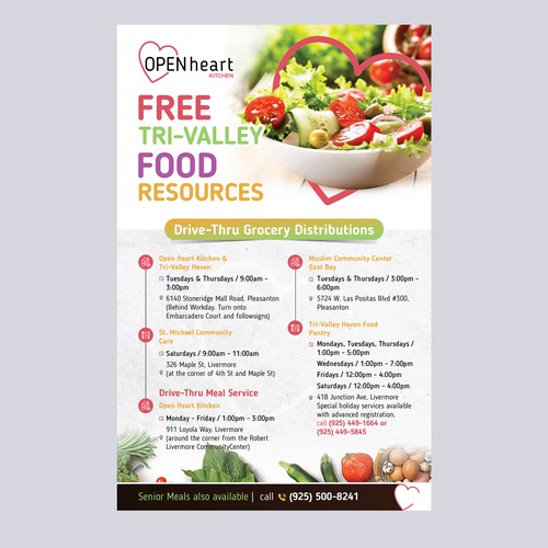 Flyer listing free food resources for the community Diseño de 123Graphics