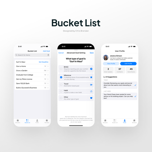 "Modern and appealing bucket list app design" Design by Chris Brendan