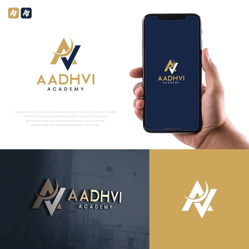 "Premium navy + gold wordmark for AI K-12 learning platform (Aadhvi Academy)" winning Logo & business card