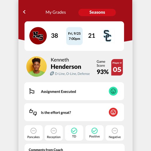 "Tech savvy APP for American football high school players to see game grades after games!" Design by StudioQ