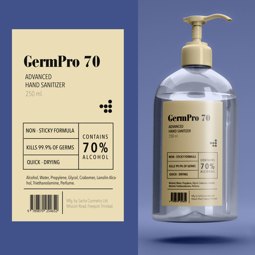 Design a Luxurious and Modern bottle label for Hand Sanitizer Product: GermPro 70!! Design by Omar Celon