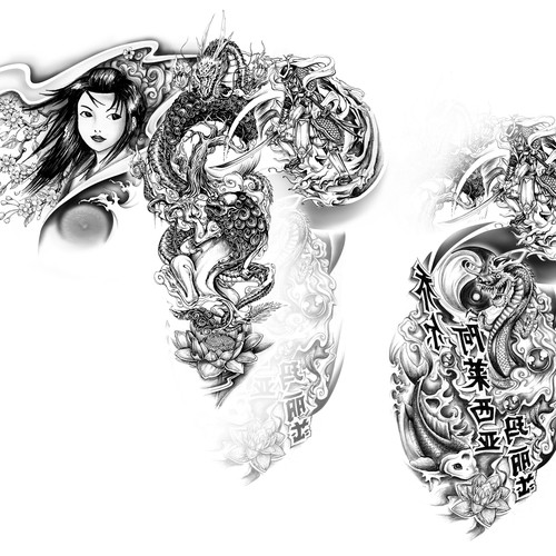 asiatisches S/W-Tattoo /  black&white tattoo asian style Design by simbe