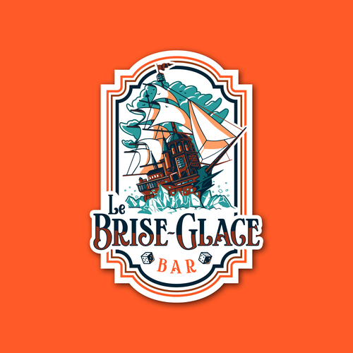 Board game bar logo with tavern design, inspired by vintage ice breaker boat atmosphere - official name is "Le Brise-gla Design por Ameline Studio