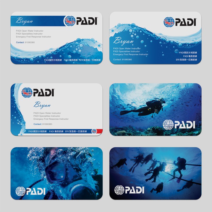 Design a name card for a PADI scuba diving instructor Business card