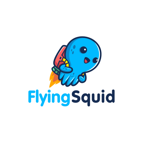 Logo of a squid wearing a jetpack for product named FlyingSquid Design by palugongso