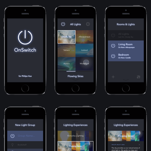 Create an cool, fluid, engaging lighting control app for OnSwitch Lighting Experiences. Design by Sasha Radojevic