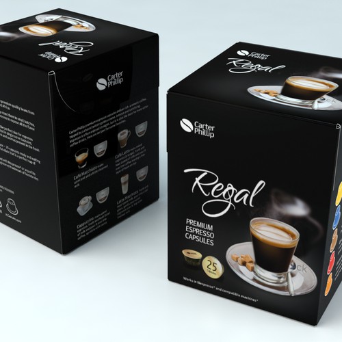Design an espresso coffee box package. Modern, international, exclusive. Design by Coshe®