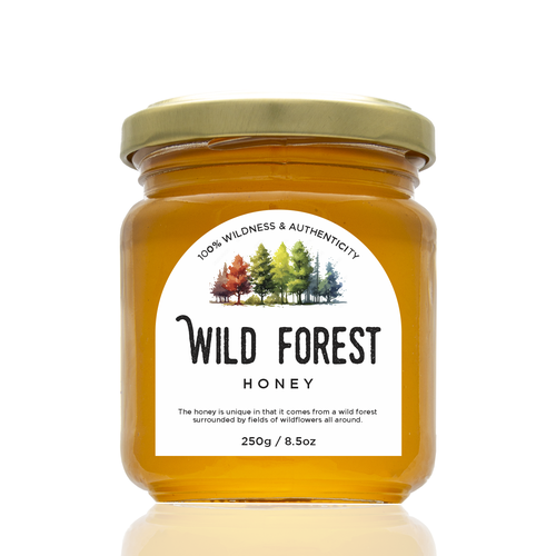 The Bees Need You! Wild Forest Honey Label Design. Design by Leila Amorim