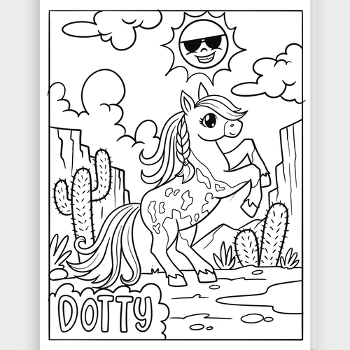 Cute Kids Coloring Book Cartoon Ponies, French Bulldogs, and one Horse Design von Alaadin Art