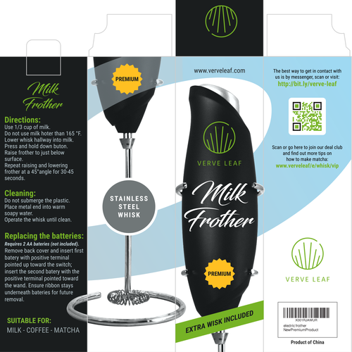 Electric Milk Frother Needs Fun Bold and Premium Design. Design by K-Art Lab