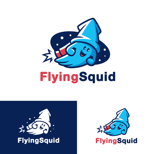 Logo of a squid wearing a jetpack for product named FlyingSquid Design by Rock N Draw