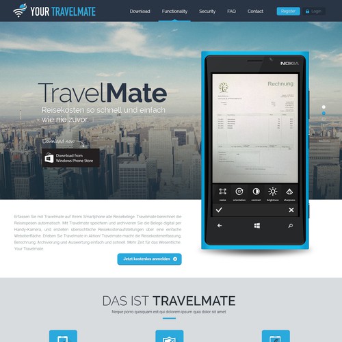 "CREATE A MODERN AND CLEAN LANDING PAGE FOR >>ÝOUR TRAVELMATE<< ,A MOBILE APP FOR BUSINESS TAVELLERS" winning Landing page design by Progressive