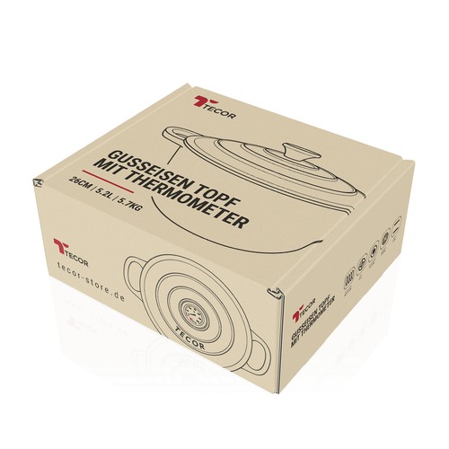 Packaging design for a cast iron pot with Thermometer from TECOR.  Logo available!! Design by Wahdin