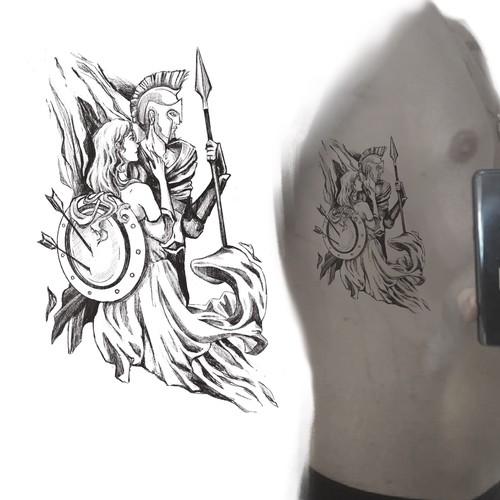 Create a powerful ribs/side tattoo of a warrior being embraced by his lover. Diseño de Vikushan