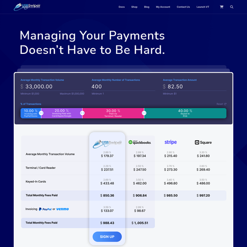 Design a landing page for a credit card processing comparison calculator. Design by Nash Radak