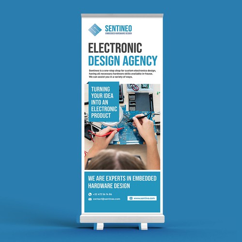 Design of a roll-up banner for a trade-fair introducing our Electronic Design Agency! Design by X Dragon