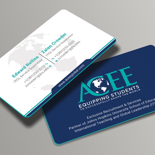 ACEE's new business card to show the partnership with JHU ITGL program Design von Roni_