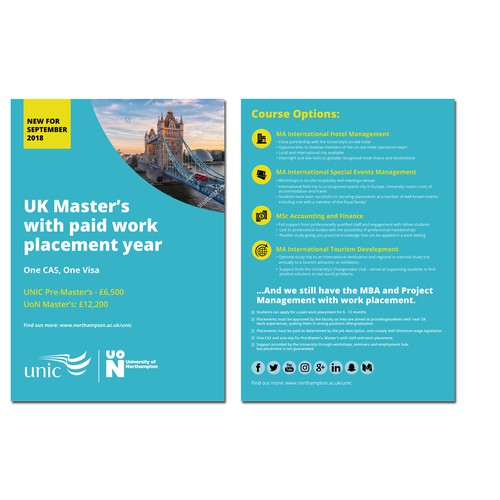 Design our new University flyer promoting Master's with paid work placement options Design by Krishna Arts