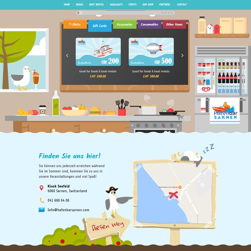 FUNNY web design needed for our snack bar with pedalo & boat rental. The design should be built around our illustration Design by j u s t e