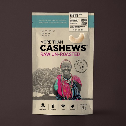 Create a beautiful stand up pouch for Sustainable, Single Origin Cashew Nuts Design by Pepper Pack Design