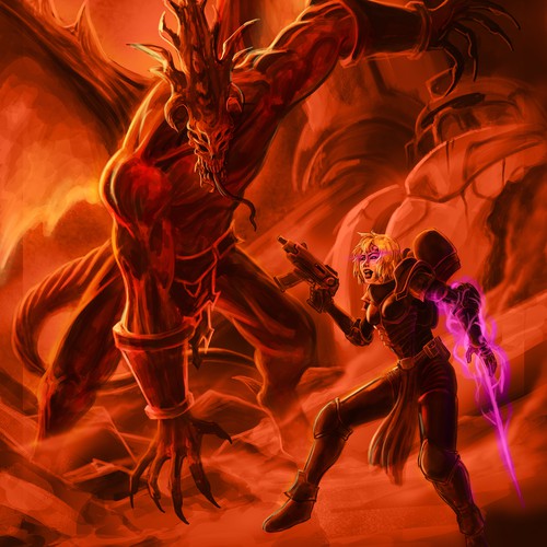 Full page scene illustration for sci-fi fantasy crossover based on Warhammer 40K universe Ontwerp door m(e_e)m