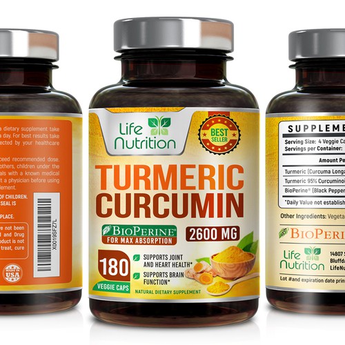 Life Nutrition needs a "beautiful label" for its Turmeric Extract bottle -  (Two (2) Winners will be awarded! ) Design by 18-Designs