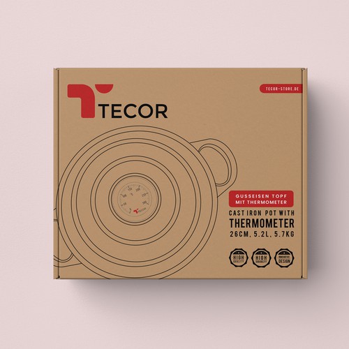 Packaging design for a cast iron pot with Thermometer from TECOR.  Logo available!! Design by United Monks