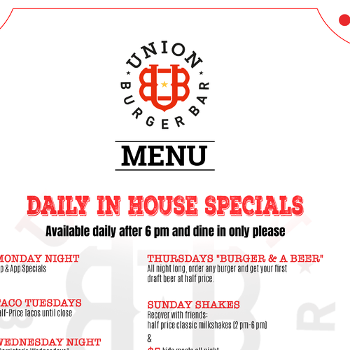 New Union Burger Bar Menu Design by RockPort ★ ★ ★ ★ ★