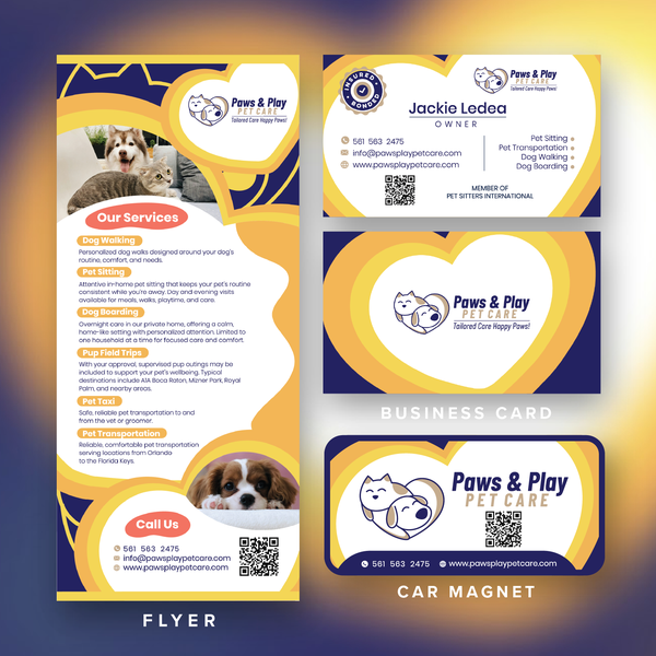 Paws & Play Pet Care logo, Flyer, business card, Car magnet